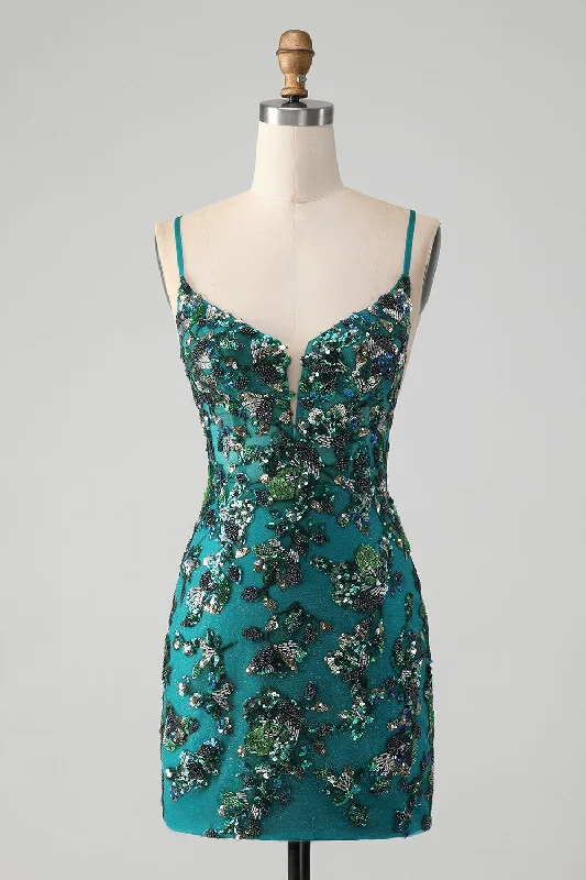 Beach dresses for casual outingsSparkly Dark Green Bodycon Spaghetti Straps Short Homecoming Dress with Beading