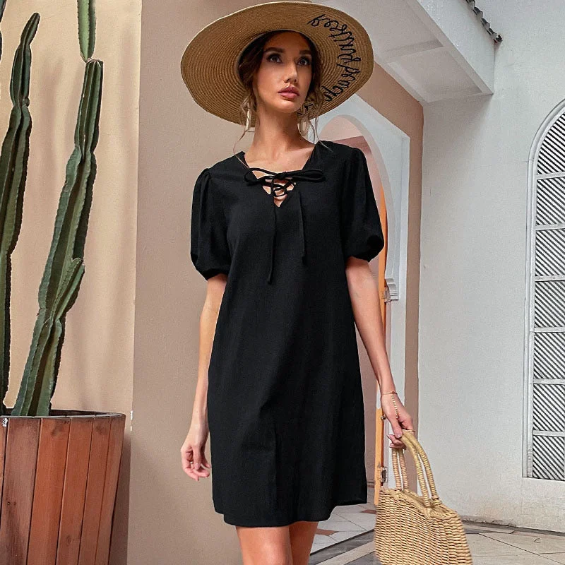 Bell sleeve dresses for womenIKEARLAX  Summer  Solid Color Cotton and Linen Skirt Temperament Loose Strap Dress