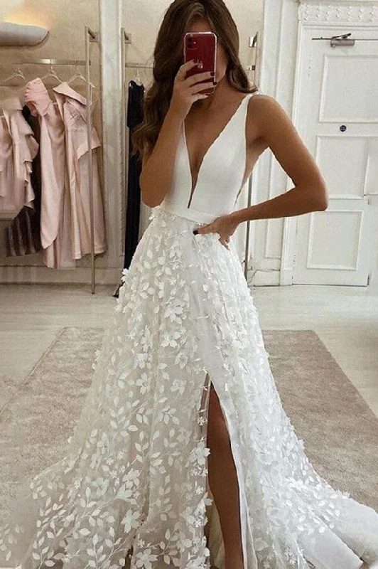Autumn dresses for fall fashionRoycebridal Ivory A-line Satin Tulle 3D Flowers V-neck Wedding Dresses With Slit MW634