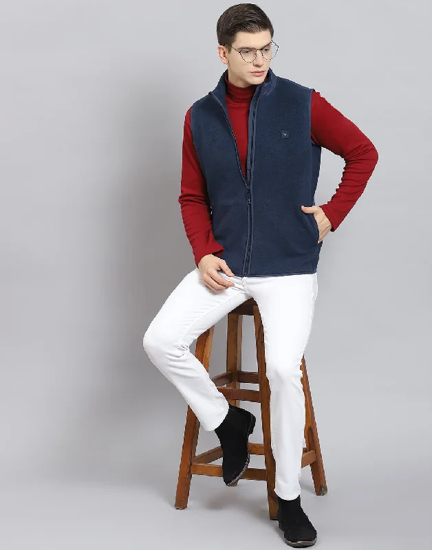 men's insulated and waterproof parkasMen Navy Blue Solid Stand Collar Sleeveless Jacket