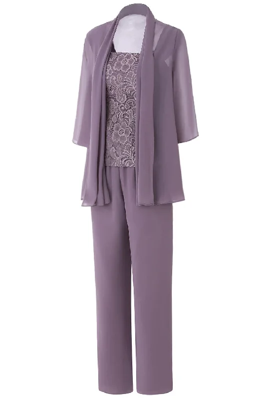 Lightweight women's leggingsThree-Piece Mauve Square Neck Mother of the Bride Pant Suits