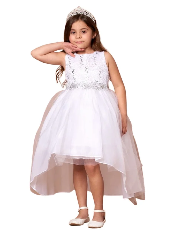 Tall women's dressesBig Girls White Sequin Bodice Hi Low Junior Bridesmaid Dress 8-16
