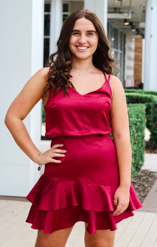 Mini dresses for womenThe Ruffle Hem Satin Mini (Garnet)