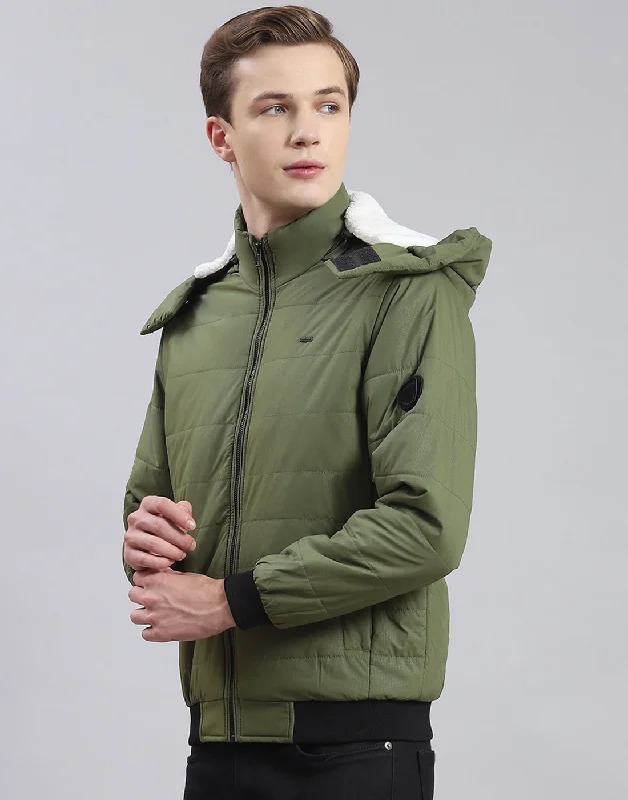 men's military-style peacoatsMen Olive Solid Hooded Full Sleeve Jacket