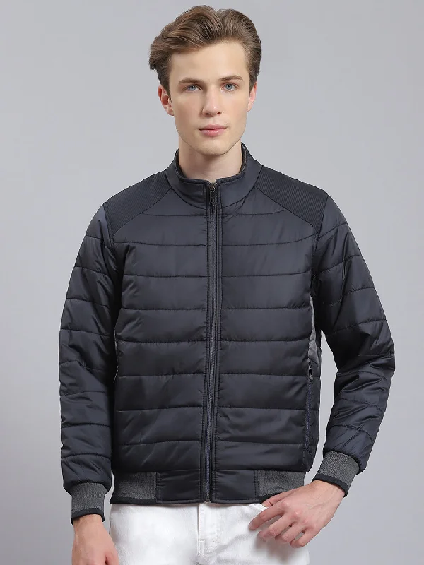 men's trench coats with beltsMen Navy Blue Solid Stand Collar Full Sleeve Jacket