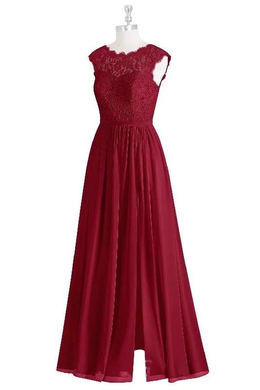 Round-neck dresses for womenRed Lace Cap Sleeve A-Line Long Bridesmaid Dress