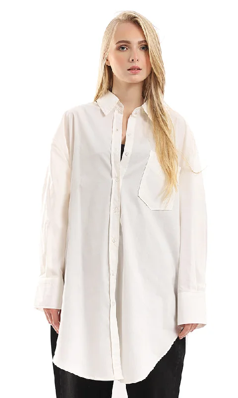 Spring women's tops97043 Solid Basic Buttoned Off White Long Shirt