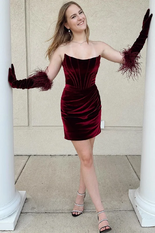 Strapless dresses for womenVirginia | Wine Red Velvet Strapless Bodycon Short Homecoming Dress