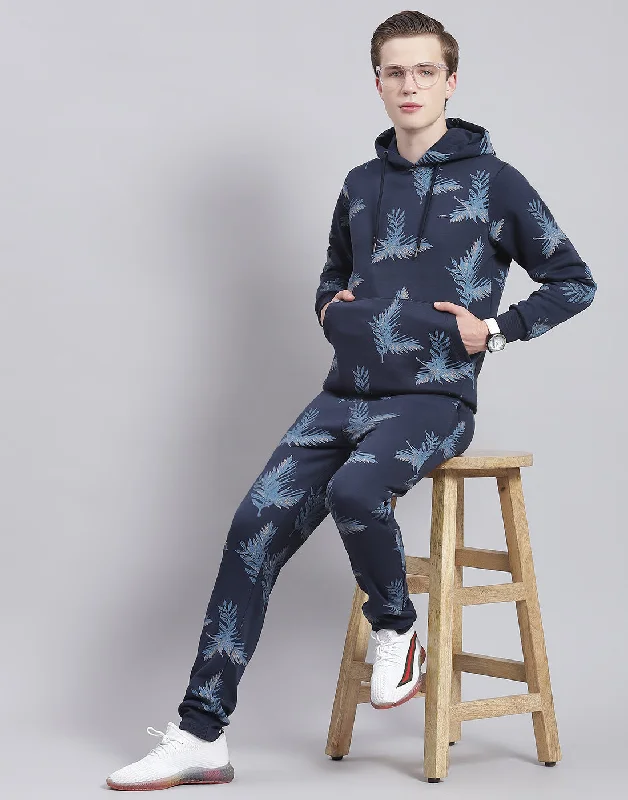 men's spandex sports shirtsMen Navy Blue Printed Hooded Full Sleeve Tracksuit