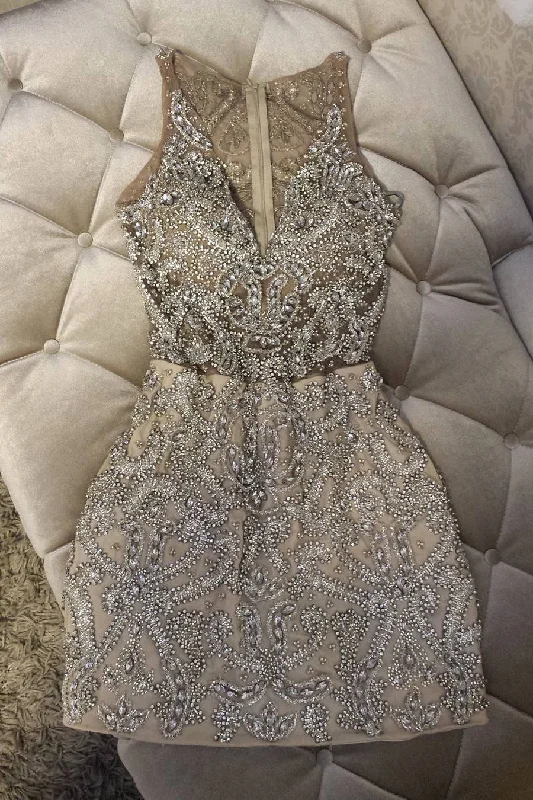 Petite dresses for womenSexy Sheath Beading V-Neck Sleeveless Homecoming Dress OKC89