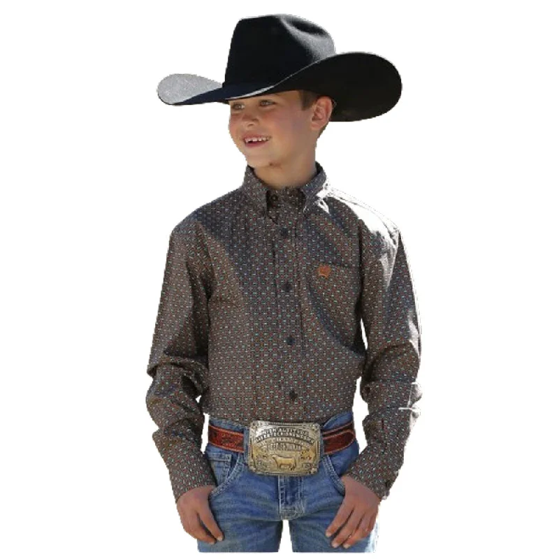 Bohemian women's topsMTW7060357 Cinch Boys' Long Sleeve Button down Western Shirt - Brown Print