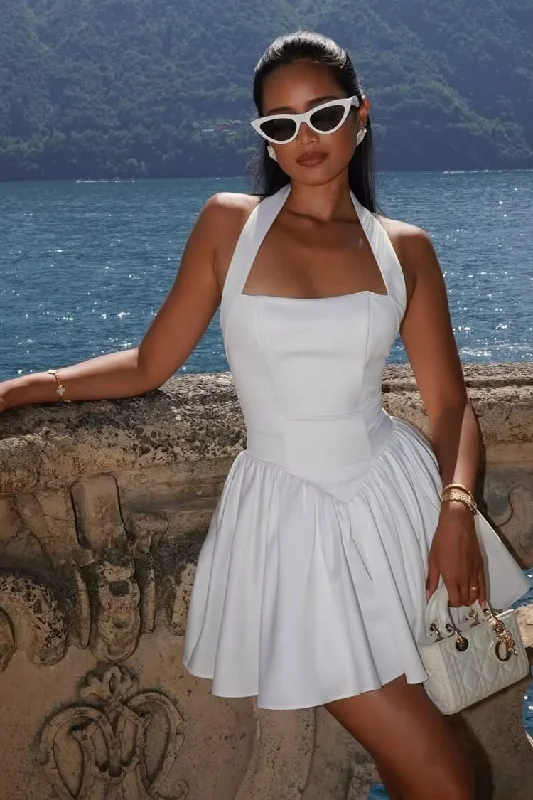 Round-neck dresses for womenSexy Halter Neck Open Back Gathered Drop Waist Flared Vacation Mini Dress