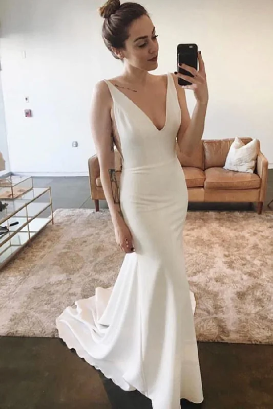 Sustainable dresses for eco-conscious womenRoycebridal Elegant Mermaid V-neck Open Back Sleeveless Soft Satin Long Wedding Dresses,MW474