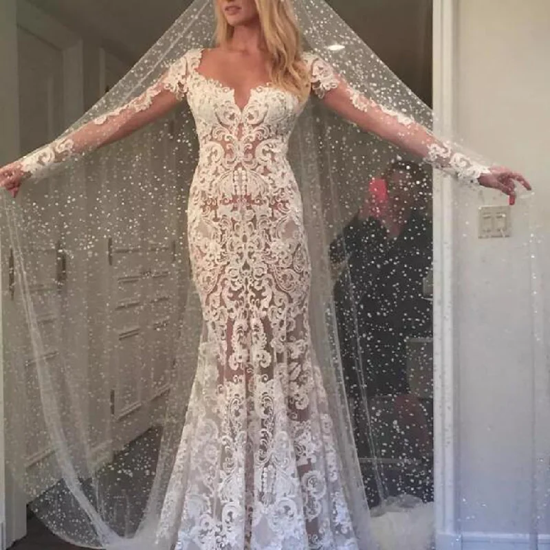 Chiffon dresses for womenLong Sleeve Wedding Dress, Lace Wedding Dress, Vintage Bridal Dress, Tulle Wedding Dress, Elegant Mermaid Wedding Dress, Floor-Length Wedding Dress, KX182