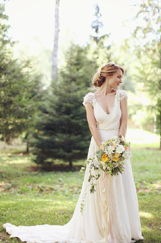 Striped dresses for womenRoycebridal Sheer Back Deep V Neck Short Sleeve Wedding Dresses With Appliques, MW133