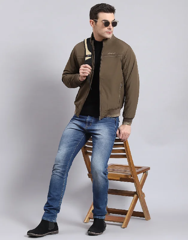 men's distressed denim jacketsMen Brown Solid Stand Collar Full Sleeve Jacket