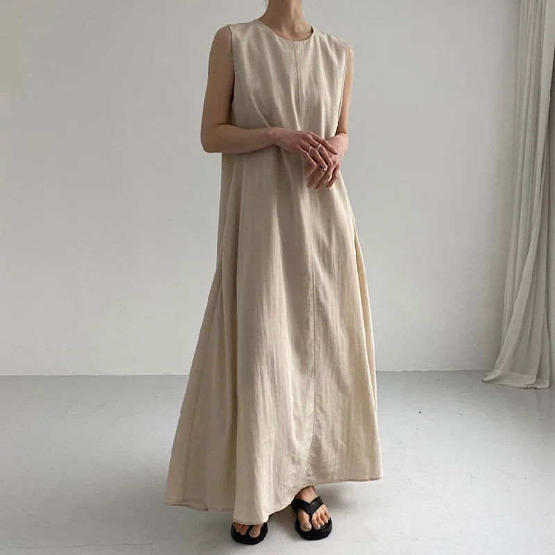 Silk dresses for womenIKEARLAX Cross-Border Hot Sale  Summer Japanese and Korean Chic Casual Simple Loose Big Hem Sleeveless Long Cotton Linen Dress Women