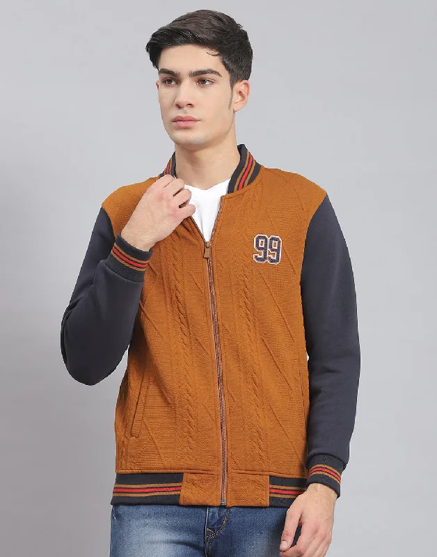 men's sports shirts designed for layeringMen Brown Solid Mandarin Collar Full Sleeve Sweatshirt