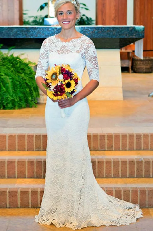 Gym wear dresses for athletic activitiesRoycebridal White Mermaid Lace Round Neck Open Back Half Sleeves Wedding Dresses, MW211