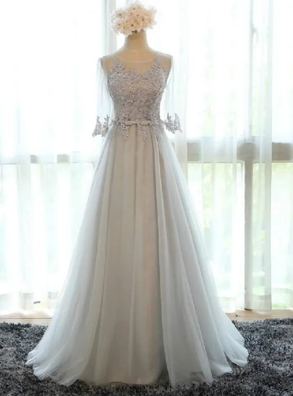 Evening gowns for formal eventsGray Tulle Lace Half Sleeve Bridesmaid Dress