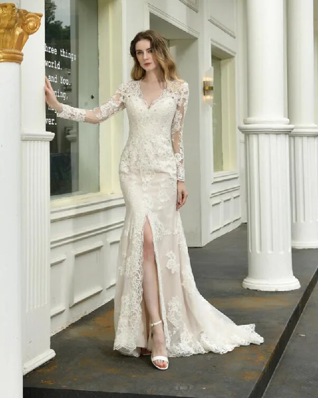 Glamour dresses for red carpet appearancesIvory/Nude Vintage Long Sleeves Lace Mermaid Wedding Dress for Bride with Slit WD09266