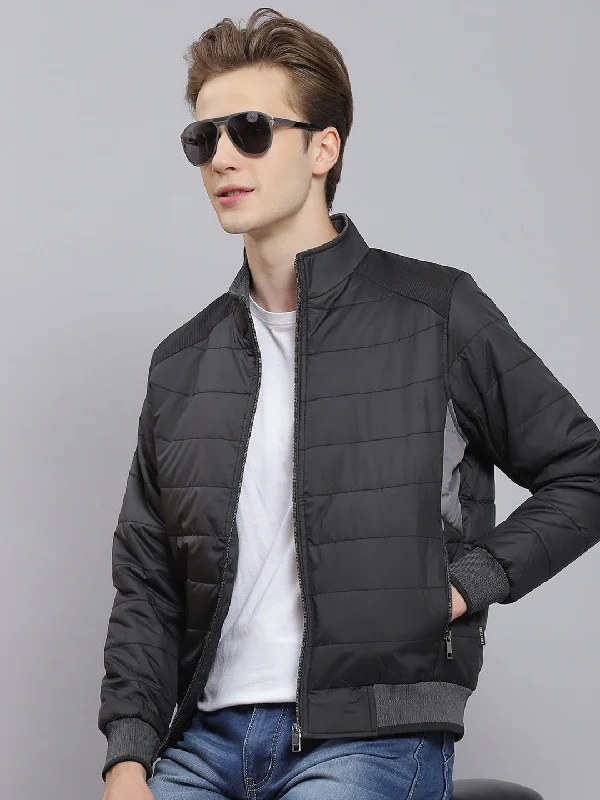 men's peacoats with hoodsMen Black Solid Stand Collar Full Sleeve Jacket