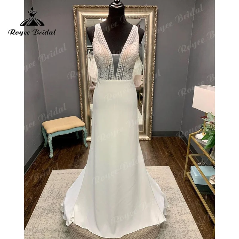 Bohemian women's dressesRoycebridal Sexy Beach V Neck Lace Bodice Open Back Mermaid/Trumpet Wedding Dress Sweep Train Sleeveless Boho robe mariée sirene Bridal Gown