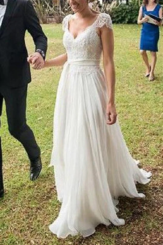 Limited edition dresses for collectorsRoycebridal Elegant Ivory Lace Open Back Cap Sleeves Beach Wedding Dress Bridal Gowns, MW170