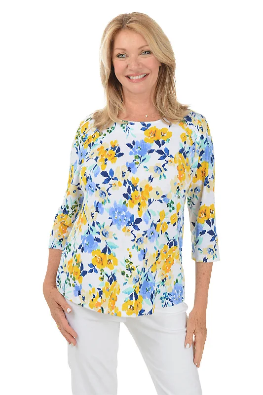 Bohemian women's topsPetite Yellow Floral Pleated Shoulder Top