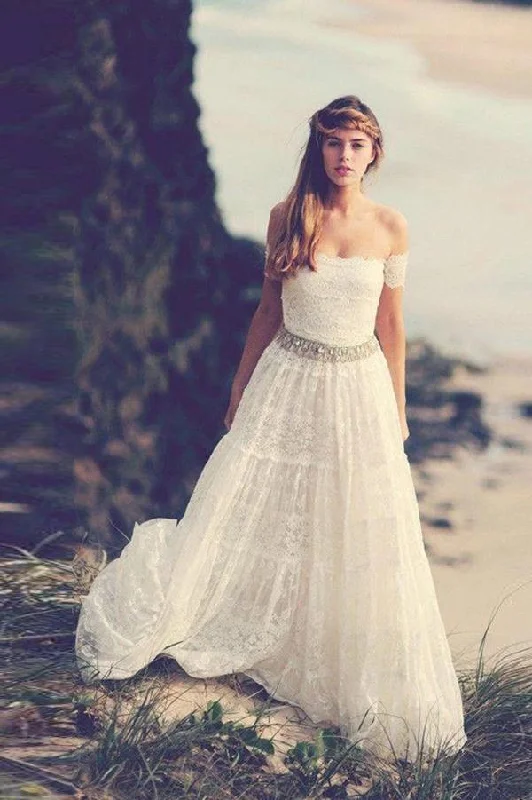 Bell sleeve dresses for womenRoycebridal White Open Back Off Shoulder Beading Belt Beach Wedding Dresses, MW197