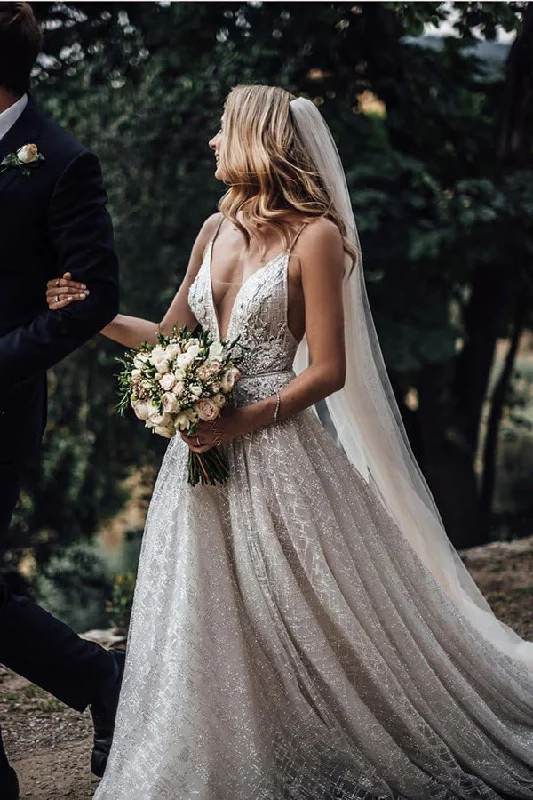 Designer dresses for high-end fashionRoycebridal Sparkly Ball Gown V-neck Spaghetti Straps Open Back Sequins Long Wedding Dresses with Train,MW477