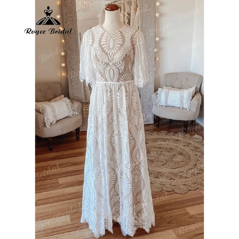 Summer dresses for hot weatherVintage Bohemian Lace Boho Beach Open Back Women Wedding Dress with Sleeve 2025 Robe Mariee Bridal Gown Custom Made Floor Length