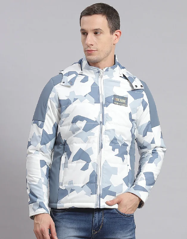 men's parkasMen White Printed Hooded Full Sleeve Jacket