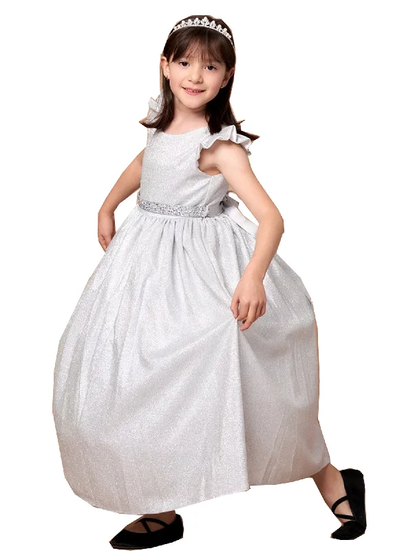 Tight-fitting dresses for womenBig Girls Silver Metallic Flutter Sleeve Junior Bridesmaid Dress 8-16