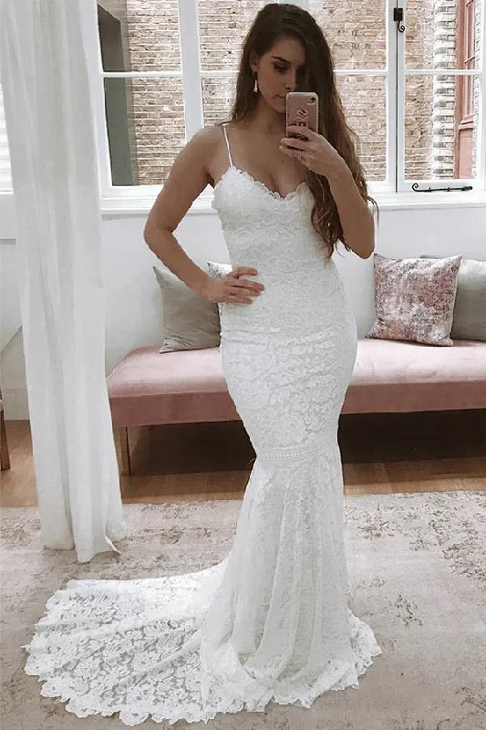 Short and sweet dresses for womenRoycebridal Lace Mermaid V-neck Spaghetti Straps Wedding Dress With Sweep Train, MW773