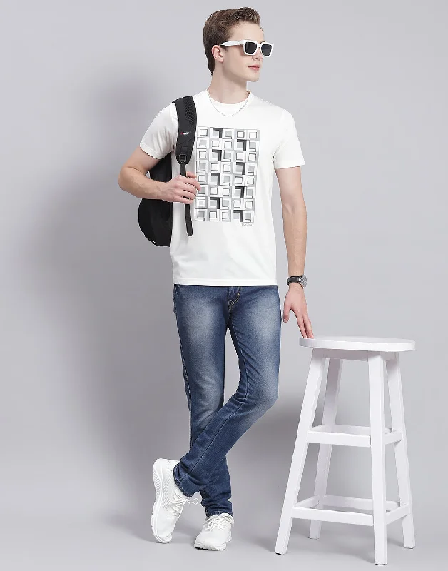 men's sports shirts for advanced athletesMen White Printed Round Neck Half Sleeve T-Shirt