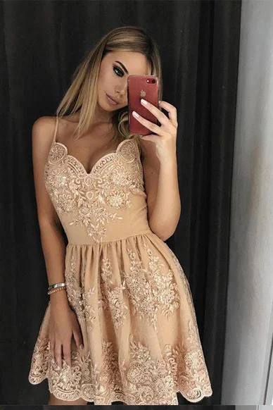 Batwing sleeve dresses for womenStylish A Line Spaghetti Straps Short Homecoming Dress with Lace Appliques OKD14