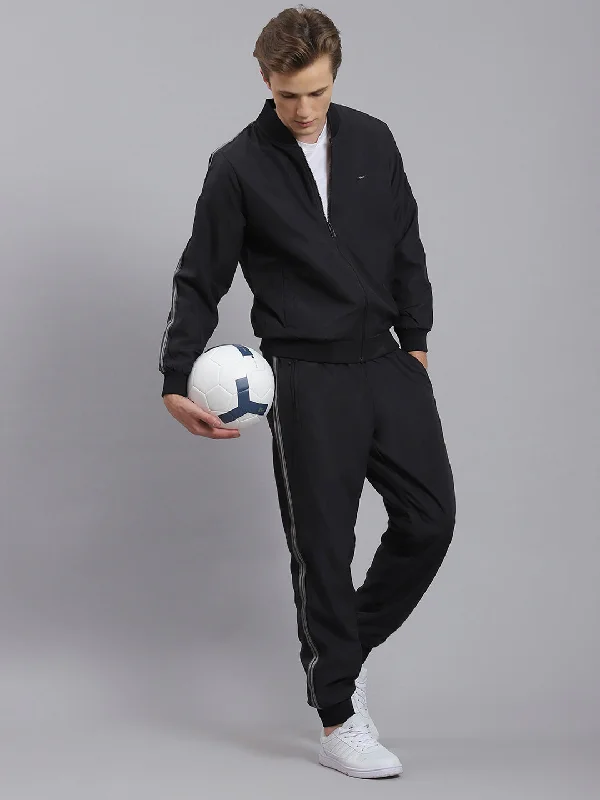 men's custom sports shirtsMen Black Solid Mandarin Collar Full Sleeve Tracksuit
