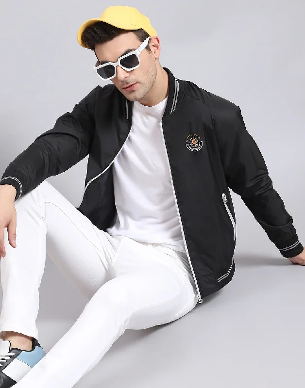 men's tailored jackets with peak lapelsMen Black Solid Mandarin Collar Full Sleeve Jacket