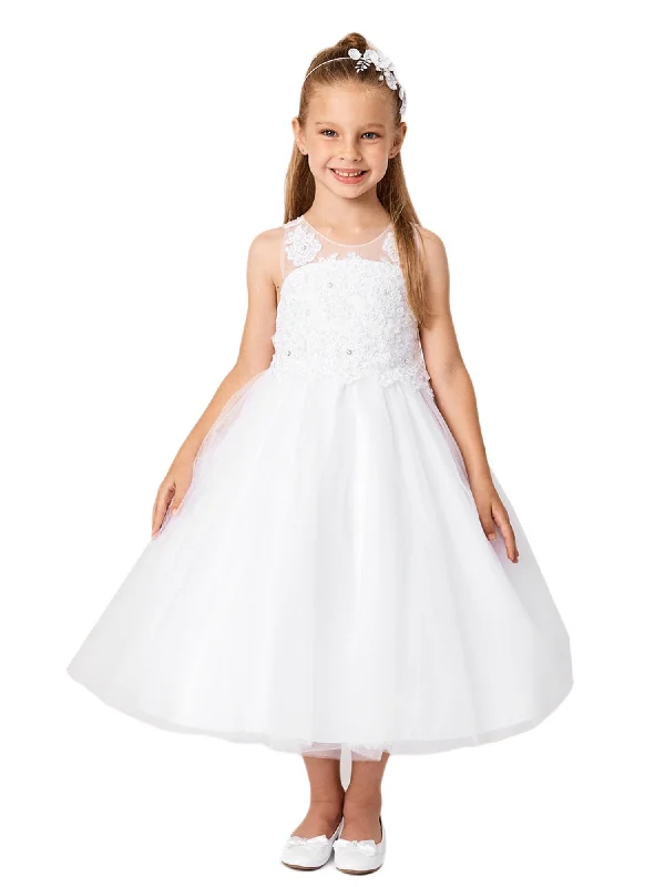 Autumn dresses for fall fashionGirls White Illusion Neck Embroidered Tulle Junior Bridesmaid Dress 2-14
