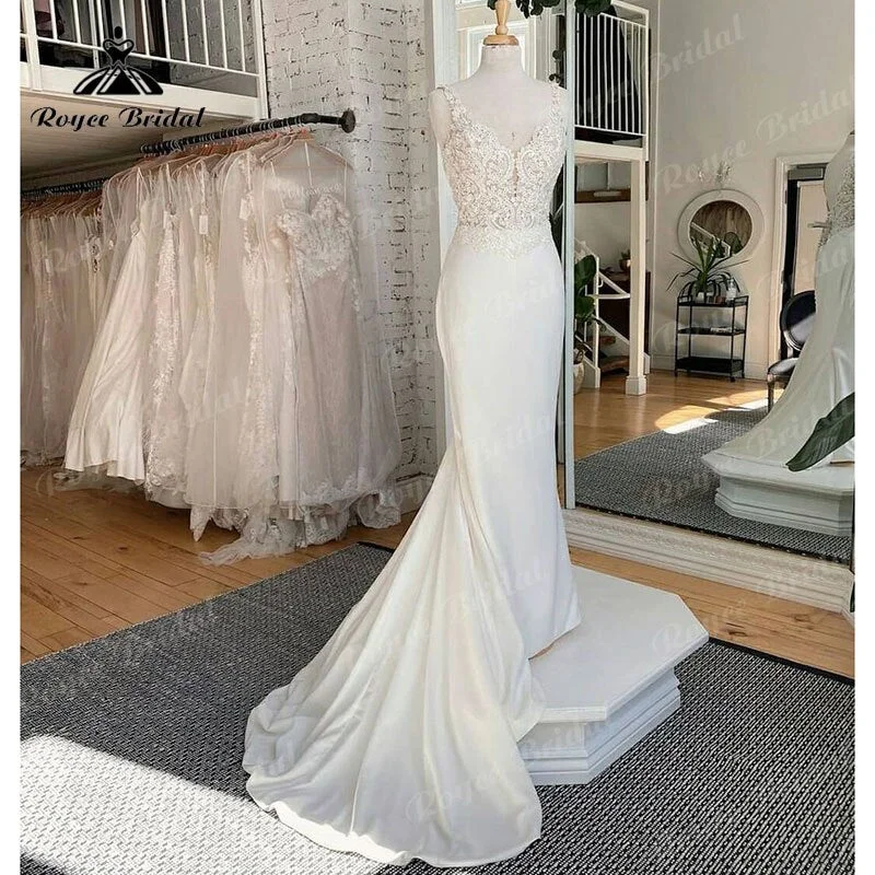 Bridesmaid dresses for womenRoycebridal Gorgeous Lace Bodice Soft Satin V-neck Spaghetti Straps Wedding Dress Mermaid/Trumpet 2025 Civil Bridal Boho Wedding Gowns Sexy
