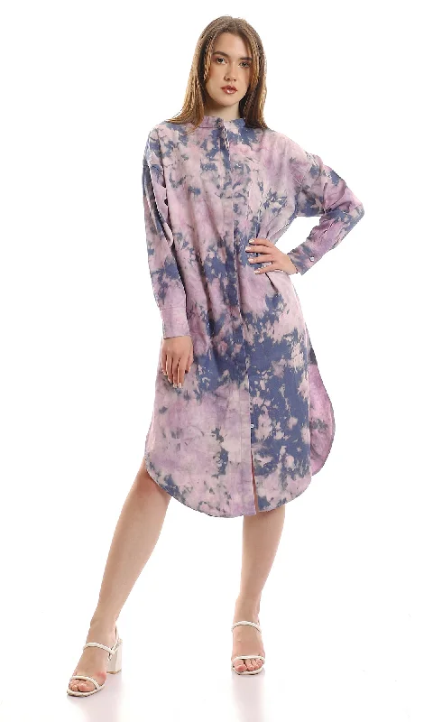 UV-protective women's tops97005 Tie Dye Indigo & Violet Red Buttoned Dress