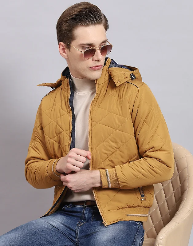 men's Norfolk jacketsMen Mustard Solid Hooded Full Sleeve Jacket