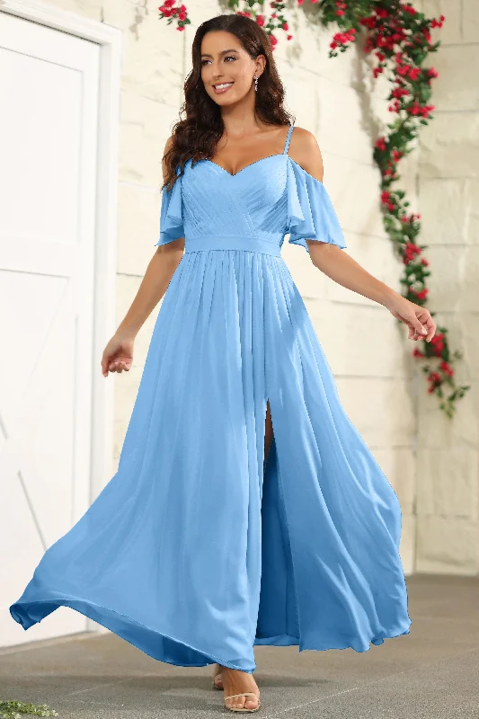Dancewear dresses for performancesA Line Off The Shoulder Chiffon Long Bridesmaid Dress with Slit