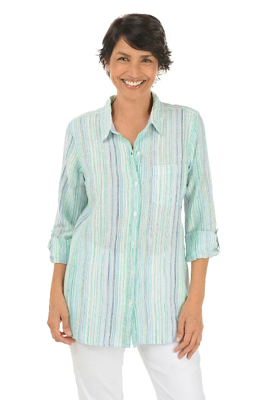 Black women's topsBlue Green Striped Linen-Blend Shirt