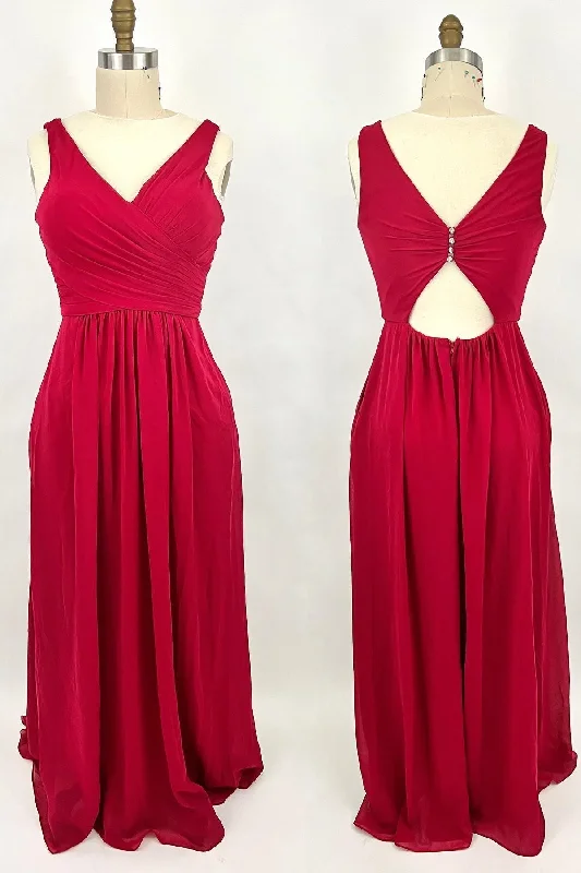 Polka dot dresses for womenRuched Red V Neck A-line Long Bridesmaid Dress