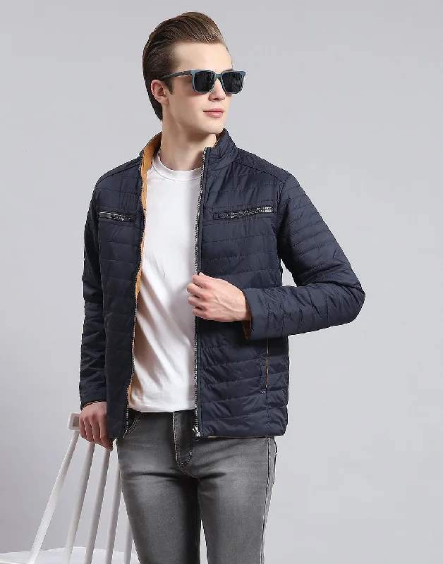 men's Norfolk jacketsMen Navy Blue Solid Stand Collar Full Sleeve Jacket