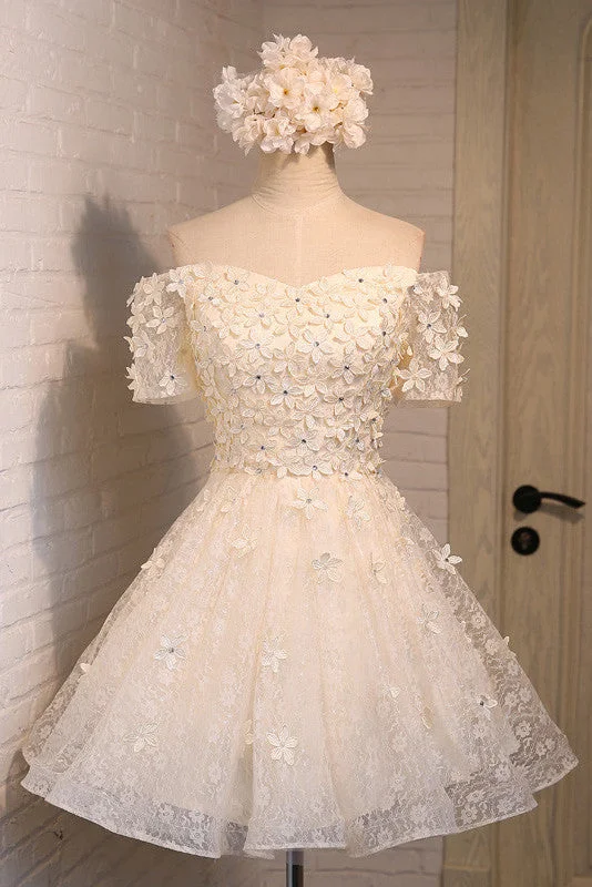 Denim dresses for womenOff-the-Shoulder A Line Lace Appliques Short Homecoming Dresses OKD5