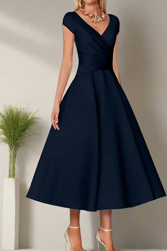 Bridal dresses for womenV Neck Ruched Tea Length A-Line Mother of the Bride Dress