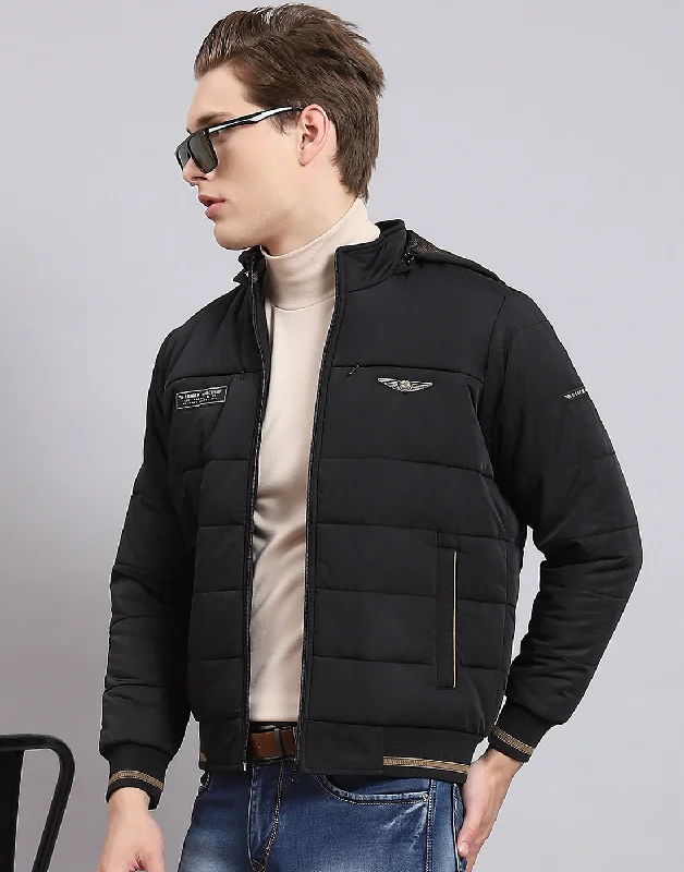 men's pea jacketsMen Black Solid Hooded Full Sleeve Jacket